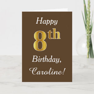 Tarjeta Brown, Faux Gold 8Cumpleaños + Nombre Personalizad