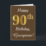 Tarjeta Brown, Faux Gold 90th Birthday   Nombre personaliz<br><div class="desc">Este sencillo diseño de tarjeta de cumpleaños incluye el mensaje "Feliz cumpleaños 90",  con el "90" en apariencia de oro falso. También tiene un nombre personalizado y un fondo marrón. Se podría dar a alguien que esté celebrando su cumpleaños número noventa.</div>
