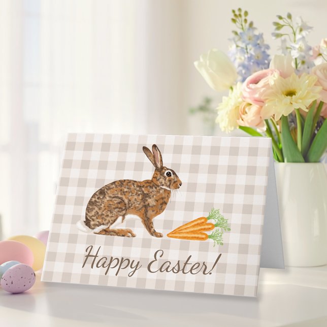 Tarjeta Brown Hare And Carrots Beige Gingham Happy Easter (Subido por el creador)