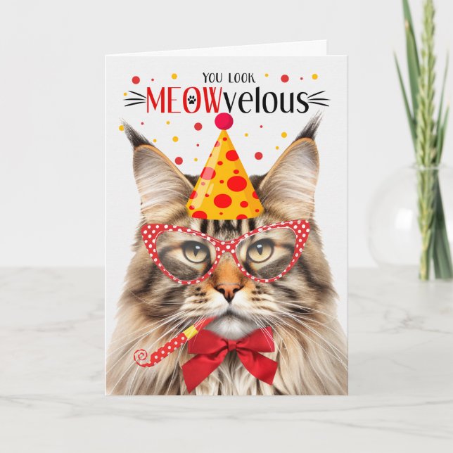 Tarjeta Brown Tabby Maine Coon Cat MEOWvelous Birthday (Anverso)