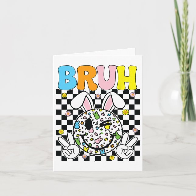 Tarjeta Bruh Easter Day Funny Bunny Eggs Groovy Smile Face (Anverso)