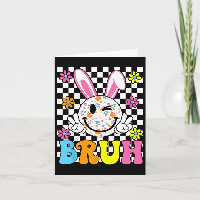 Tarjeta Bruh Easter Day Funny Bunny Eggs Groovy Smile Face (Anverso)