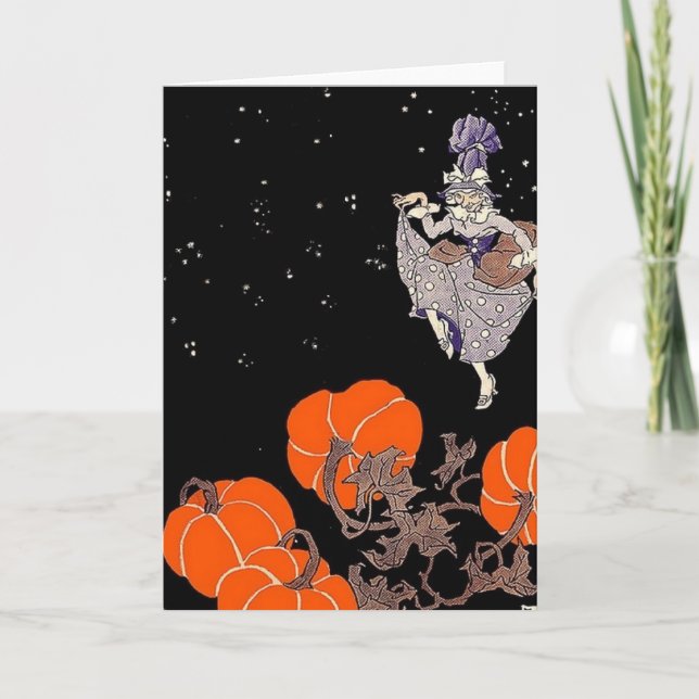 Tarjeta Bruja a la antigua en el parche de calabaza (Anverso)