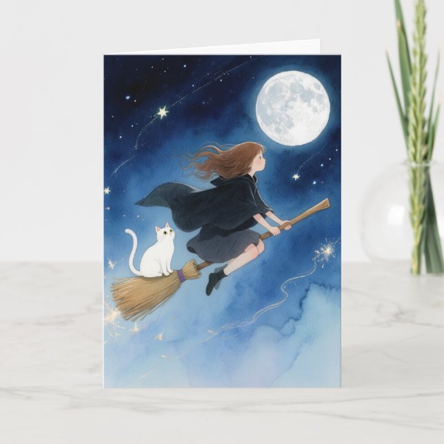 Tarjeta Bruja adorable con su gato (Anverso)