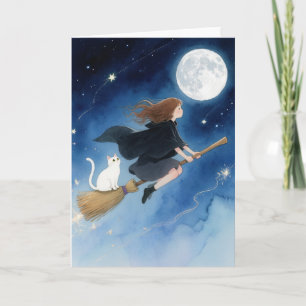 Tarjeta Bruja adorable con su gato