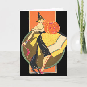 Tarjeta Bruja Art Deco Jack O Lantern Calabaza Gato Negro