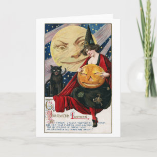 Tarjeta Bruja bonita de Halloween del vintage, luna y gato