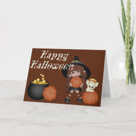 Tarjeta Bruja, calabazas, gato y caldero Feliz Halloween
