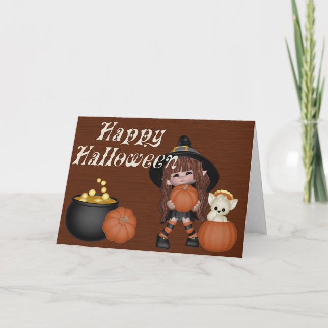 Tarjeta Bruja, calabazas, gato y caldero Feliz Halloween (Anverso)