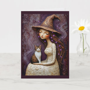 Tarjeta Bruja Caprichosa Gato Halloween Carta Mística Luna