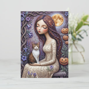 Tarjeta Bruja Caprichosa Gato Halloween Carta Mística Luna