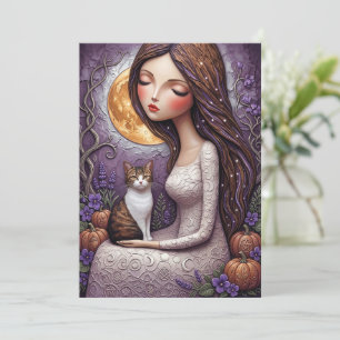 Tarjeta Bruja Caprichosa Gato Halloween Carta Mística Luna