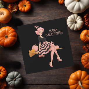 Tarjeta Bruja Chic Elegante en Escoba y Calabazas Hallowee