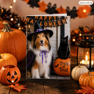 Tarjeta Bruja Collie Caprichosa y Truco de Gato o Trata Ta