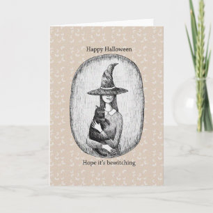Tarjeta Bruja con gato negro Retro Classic Halloween