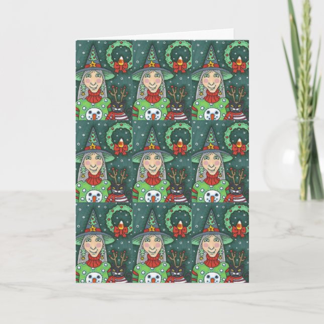 TARJETA BRUJA CON SUÉTER DE MUÑECO DE NIEVE, GATO NEGRO NA (Anverso)