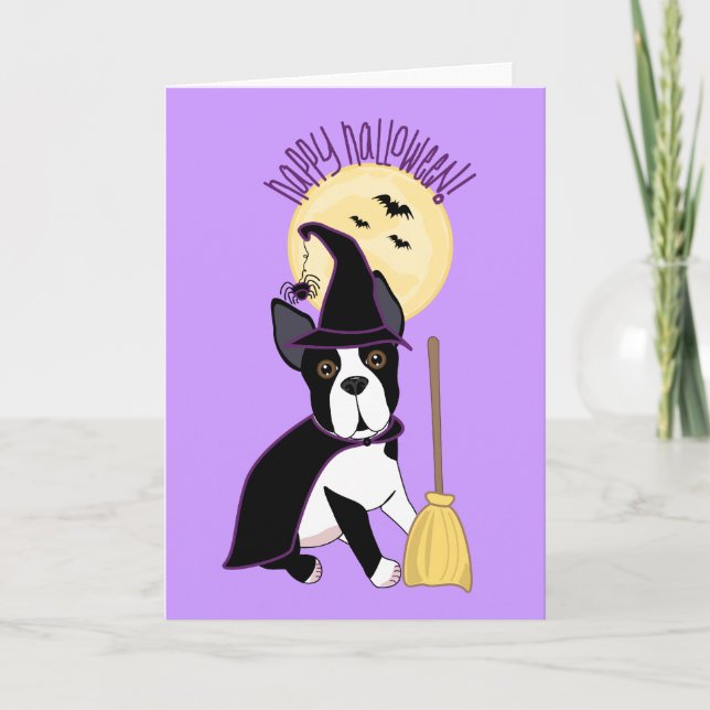 Tarjeta Bruja de Boston Terrier del feliz Halloween (Anverso)
