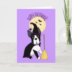Tarjeta Bruja de Boston Terrier del feliz Halloween