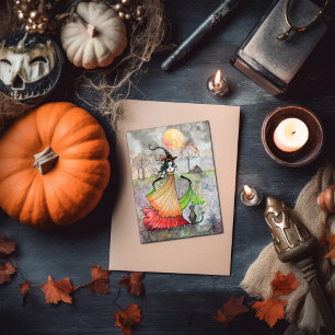 Tarjeta Bruja de Halloween Carta de Gato Otoño en Ensueño