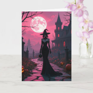 Tarjeta bruja de Halloween con cielo nocturno fucsia