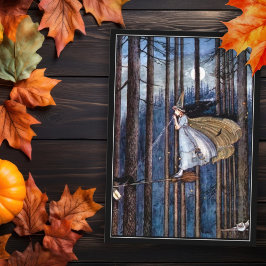 Tarjeta Bruja de Halloween con gato negro en la habitación