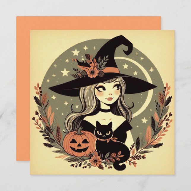 Tarjeta Bruja de Halloween con gato negro y calabaza (Anverso / Reverso)