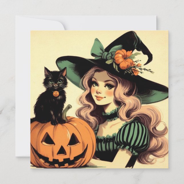 Tarjeta Bruja de Halloween con gato negro y linterna Jack- (Anverso)