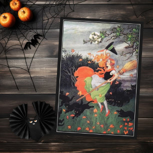Tarjeta Bruja de Halloween con gatos negros