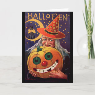Tarjeta Bruja de Halloween con la calabaza divertida
