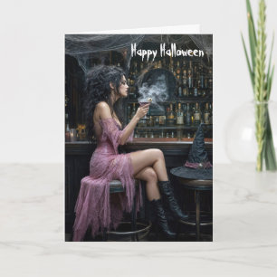 Tarjeta Bruja de Halloween con vestido rosa