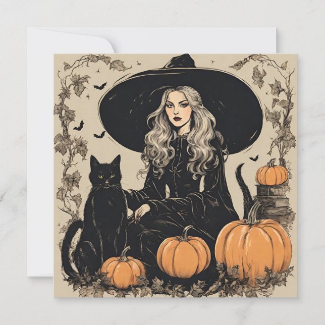 Tarjeta Bruja de Halloween de época con gato negro (Anverso)