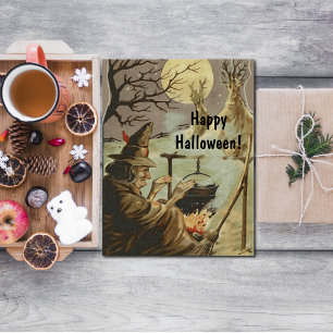 Tarjeta Bruja de Halloween de época en Cauldron