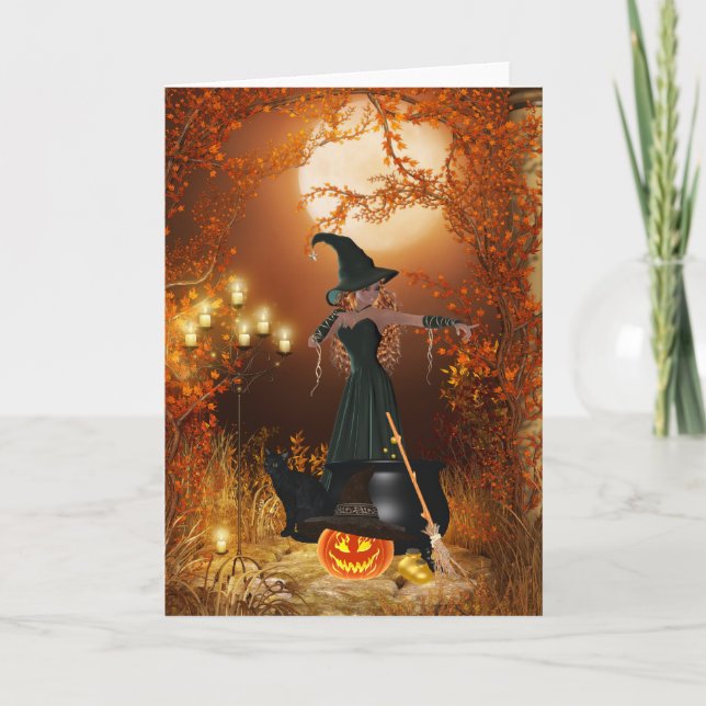 Tarjeta Bruja de Halloween de otoño (Anverso)