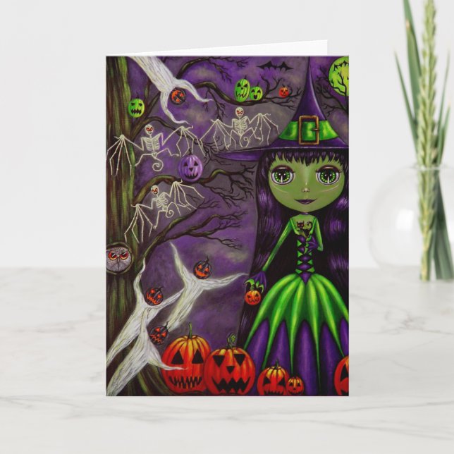 Tarjeta Bruja de Halloween en morado y verde (Anverso)