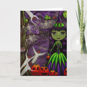 Tarjeta Bruja de Halloween en morado y verde