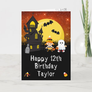 Tarjeta Bruja de Halloween Fantasma Naranja Feliz Cumpleañ