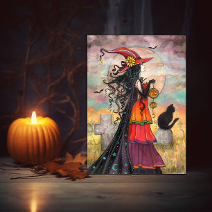 Tarjeta Bruja de Halloween Gato Negro Cementerio Arte Fant