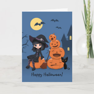 Tarjeta Bruja de Halloween, gato negro y calabazas