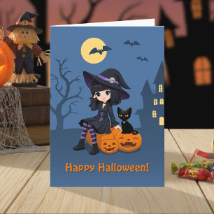 Tarjeta Bruja de Halloween, gato negro y calabazas curvas