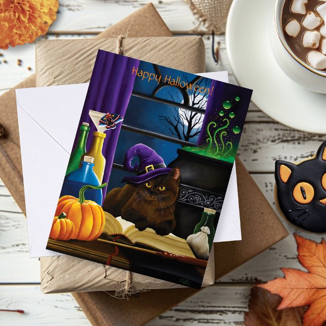 Tarjeta Bruja de Halloween Gato Purpura Magia (Subido por el creador)