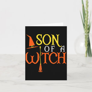 Tarjeta bruja de Halloween hijo sombrero y palo de escoba 