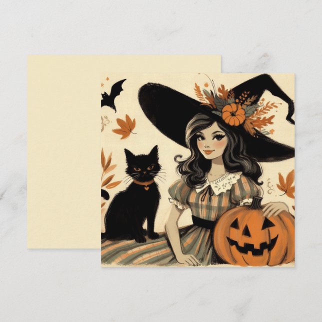 Tarjeta Bruja de Halloween retro y gato negro (Anverso / Reverso)