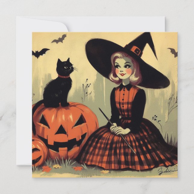 Tarjeta Bruja de Halloween retro y gato negro (Anverso)