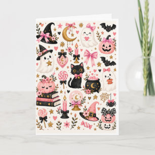 Tarjeta Bruja de Halloween Rosa Fantasmas Lindos Gato Negr