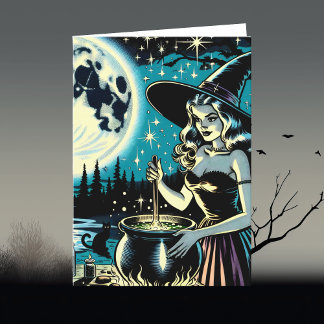 Tarjeta Bruja de Halloween vintage agitando un caldero