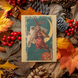 Tarjeta Bruja de Halloween Vintage Búho y Calabaza en la L