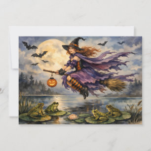 Tarjeta Bruja de Halloween volando sobre el estanque con r