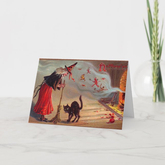 Tarjeta Bruja de Halloween y gato negro (Anverso)