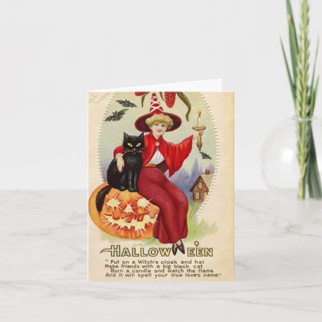 Tarjeta Bruja de Halloween y gato negro (Anverso)
