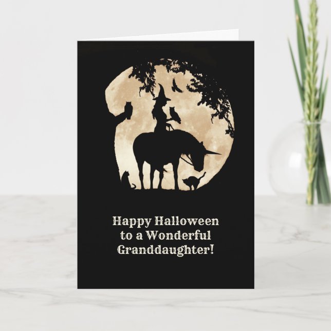 Tarjeta Bruja de nieta Halloween y unicornio (Anverso)